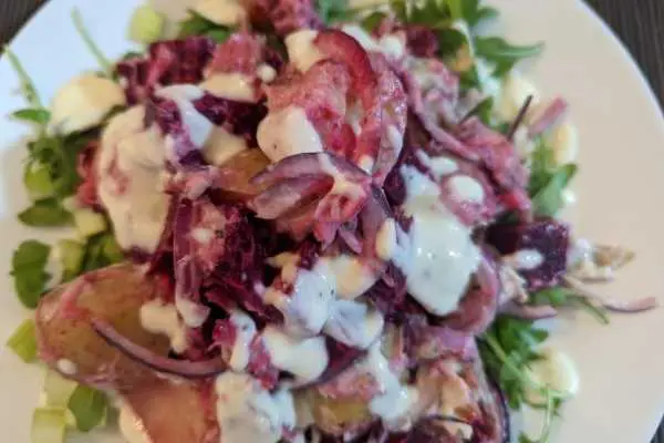 smoked mackerel salad with beetroot and new pots